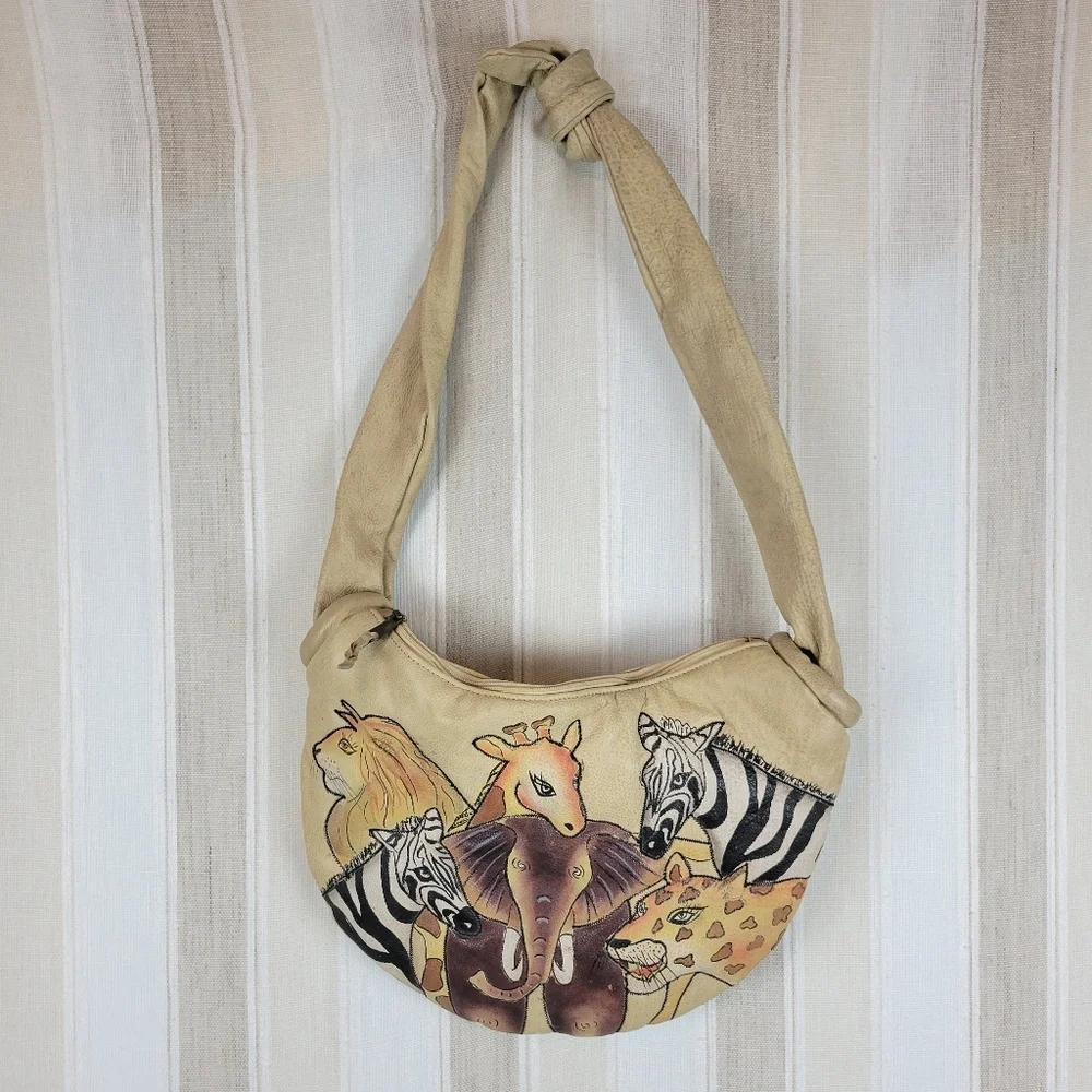 Leather Hand Paintes‎ Safari Animals Shoulder Bag And Matching Wallet
